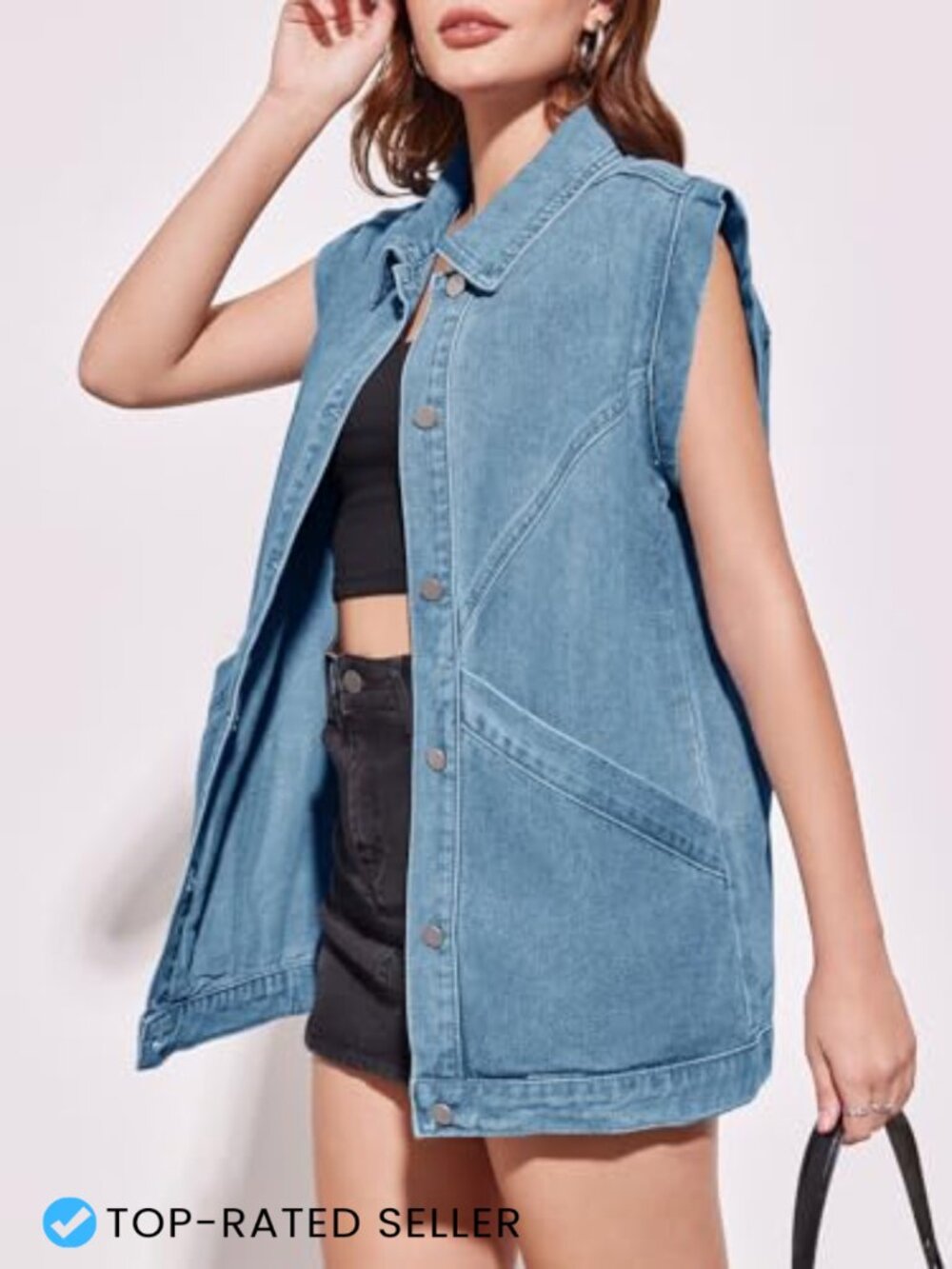 Oversized Sleeveless Denim Vest Classic Button Down Casual Utility Lapel Jean - Picture 2 of 7